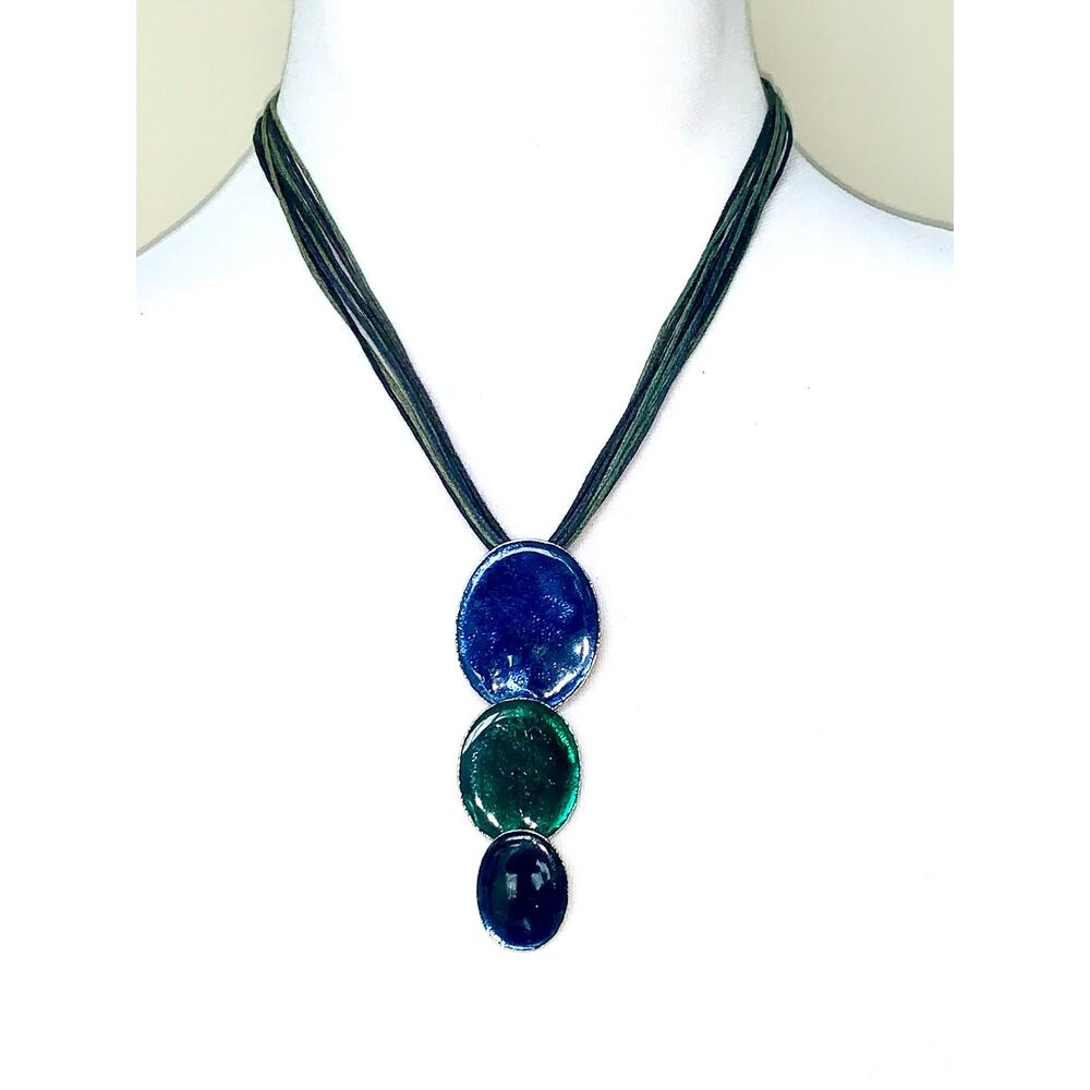 EVA Blue Green Cascading Oval Pendant Statement Necklace EUC - Picture 4 of 5